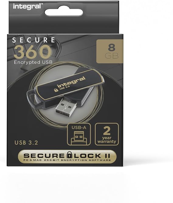 Integral INFD8GB360SEC3.0 360 Secure 8 GB USB 3.0 Flash Drive with 256 Bit Encryption Software, Gold