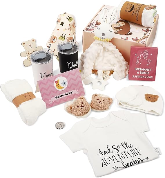 Newborn Gift Set 15-Piece Baby Gift Set Baby Gift Basket with Romper Blanket Cup Bib Socks and Mittens Baby Shower Gift for Boys and Girls