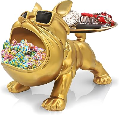 Resin French Bulldog Tray Statue, Bulldog Candy Dish Key Holder Bowl, French Bulldog Accessories, Statues for Office Desk Home Decor Figurines Entryway Table Decor Gold
