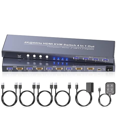 4K60Hz HDMI KVM Switch 1 Monitor 4 Computers, 4 Port KVM Switch for 4 PCs Share 1 Monitor and 1 Set of Keyboard Mouse, 4 Port USB 3.0 Hub Integrated, Dual Switching Methods