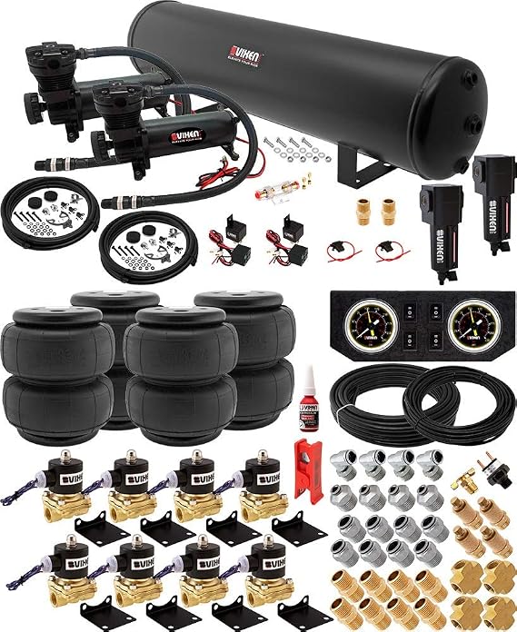 Vixen Air Suspension Kit, 200 PSI Compressors, 5 Gallon Tank, 4 Air Bags Universal Onboard Air Ride System for Truck, RV, Car | for Heavy Load Leveling, Towing, Train Horns, VXX1208FB/4852DBF