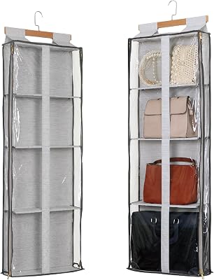 Clear Hanging Handbag Storage Organizer with Zippers, Easy Access Purse,Toy,Yarn,Hat Storage Holder Over The Door Purse Organizer Space Saving 4 Pockets for Closet Bedroom Living Room Grey