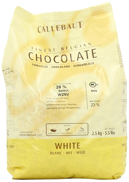 Callebaut Recipe No. W2 Finest Belgian White Chocolate 2.5kg Bag | 28% min dry cocoa solids; 22% min dry milk solids; 35.8% fat; mild milky - light caramel - sweet - vanilla