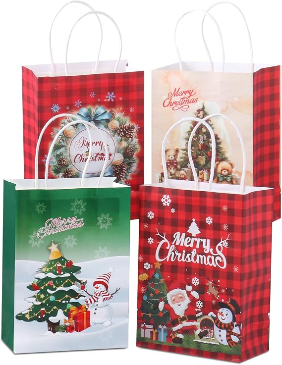 HCFGS 12Pcs Christmas Gift Bags,Small Christmas Gift Bags with Handles,Xmas Treat Paper Bags for Kids Adults Party Supplies