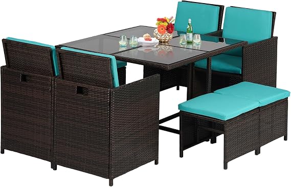 Patio Table and Chairs Set Outdoor Patio Furniture Set Patio Dining Sets 9 Pieces Space Saving Outdoor Dining Set with 4 Chairs 4 Ottomans Glass Table for Outdoor Backyard Porch Poolside Balcony,Blue