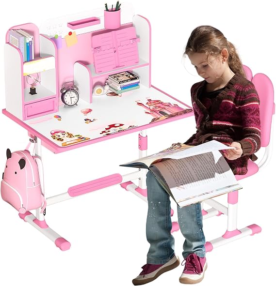 Kids Desk and Chair Set, Height Adjustable Pink Desks for Kids, Kid Desk with Storage,Toddler Table Study Table with Bookshelf and Drawer, for Boys and Girls (Pink-d)