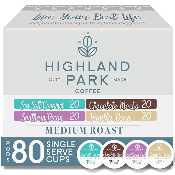 Highland Park K-Cup Coffee Pods, Medium Roast, Flavored Variety Pack, 80 Ct | 20 Sea Salt Caramel, 20 Chocolate Mocha, 20 Southern Pecan, 20 Vanilla Bean, Compatible with Keurig K Cup Brewers