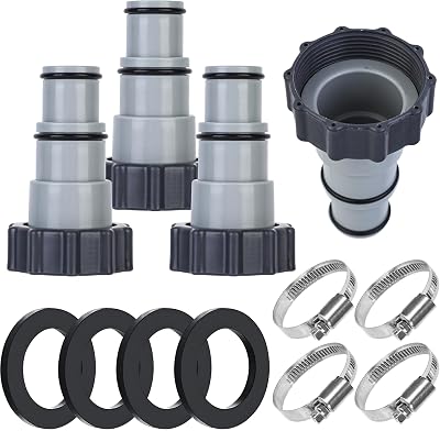 4 Pack Pool Hose Adapter Pool Pump Hose Connector Type A Replacement Hoses Adapter with Clamp Washer for Intex 1.51.25 Inch Pumps Hoses Threaded Connection Pumps Above Ground Pool Accessories