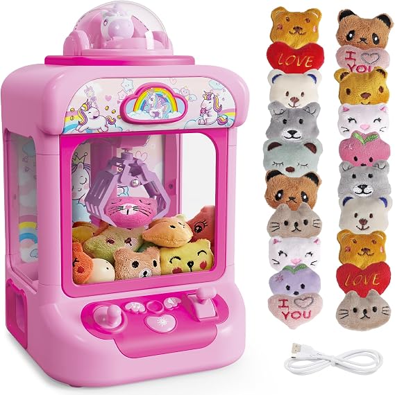 Marlrin Claw Machine for Kids, Mini Vending Machine Girls Unicorn Toys | Candy Grabber Prize Dispenser with Sound & 20 Mini Plush Toys, Electronic Arcade Game Indoor Toy for Home Party Birthday Gift