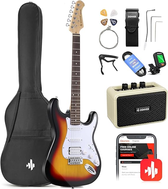 Donner DST-100S Electric Guitar Beginner Set, ST Type, SSH Pickup, 39-Inch, Full Size, Poplar Wood, Mini Amplifier Included, Sunburst, 9-Piece Accessory Set, Exclusive Case and Tuner