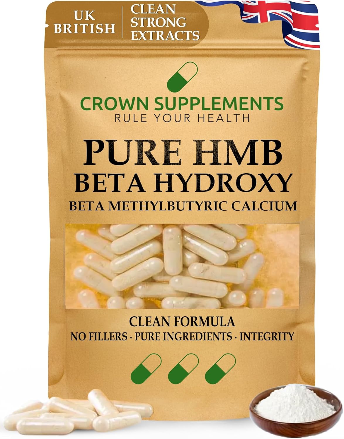 Pure HMB | Clean Formula | Muscle Strength and Fitness | Protect from Muscle Loss During Calorie Cutting | Ageing or Inactivity | Crown Supplements UK 90 Capsules