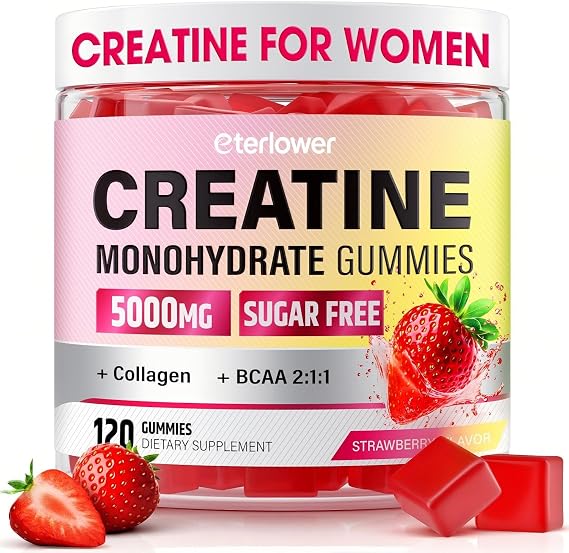 Creatine Gummies with BCAAs & Collagen for Women, Sugar Free Creatine Monohydrate Gummies for Women, for Booty, Muscles, Recovery & Energy, Sugar Free, Strawberry Flavor, 100 Ct