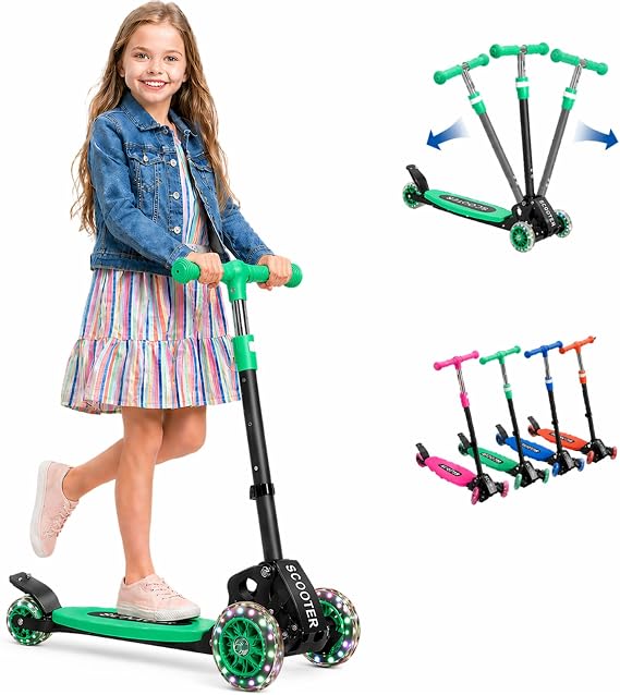Kids Kick Scooter for 3-12,Lean-to-Steer 3 Wheel Scooter for Beginners with Light-Up Wheels,3 Adjustable Handlebar 27.5"33",6-Inch Wide Deck,Rear Foot Brake,Foldable Scooter for Boys & Girls