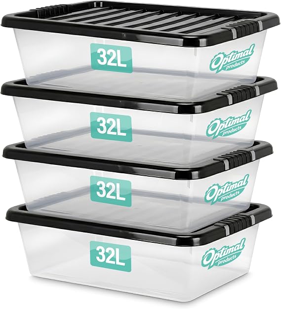 4 x 32 Litre Underbed Plastic Storage Boxes with Lids Set of 4, Clear Multipurpose Nestable Stackable Plastic Storage Box 32L Clear Containers Boxes For Home, Kitchen, Office, Garage, Accessories