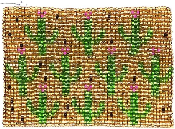 Multi Saguaro Cactus Pattern Czech Glass Seed Beaded Coin Purse Zipper Pouch - Womens Fashion Handmade Bags Boho Travel Accessories (Gold)