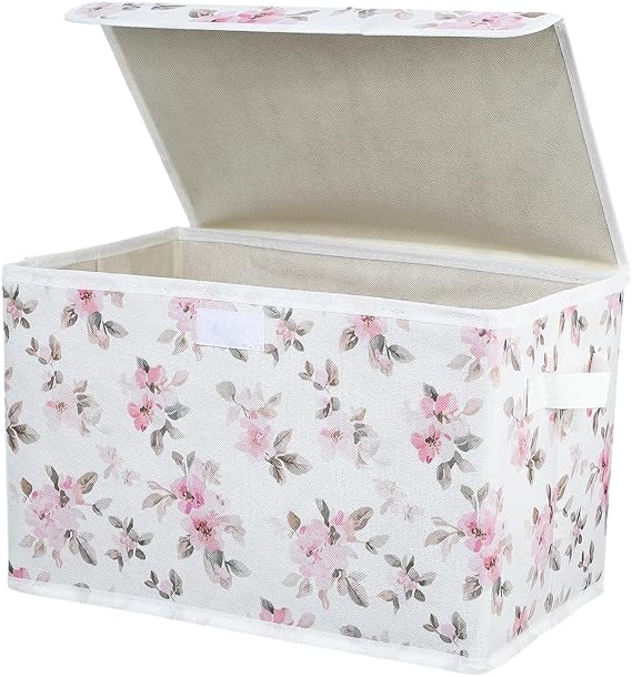 Floral Storage Bins Pink Floral Storage Box with Lid Decorative Collapsible Organizer Boxes with Carrying Handle Flowers Rectangle Fabric Folding Containers for Home Bedroom Closet Shelves