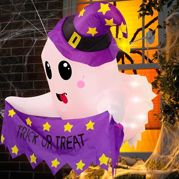 3.5FT Halloween Inflatable White Ghost Decoration with LED Lights | Blow up Ghost Holding a Trick or Treat Banner Broke Out from Window, Indoor Outdoor Wall Hanging Inflatable Decor