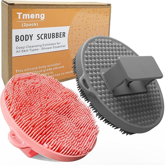Silicone Body Scrubber-Silicone Shower Brush for Gentle Exfoliating & Lathering with Body Scrub & Wash, Durable & Hygienic, Deep Cleansing Exfoliator for All Skin Types - Shower Essential (Pink+Grey)