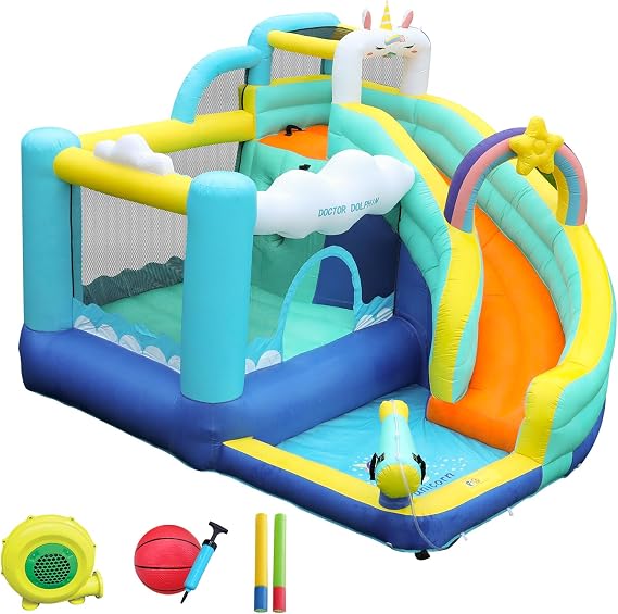 Doctor Dolphin Bounce House, Unicorn Water Slide Bounce House, Water Slides for Kids Backyard, Inflatable Water Park for Kids, Water Bounce House with Slide, Splash Pool, Basketball Hoop