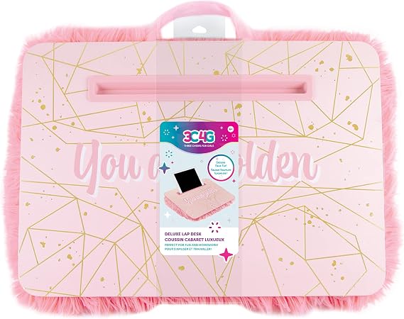 3C4G Pink & Gold Deluxe Fur Lap Desk, Take Tech on The Go, Includes a Media Slot that Perfectly Holds Tablets & Phones, for Ages 6 and up by Make It Real