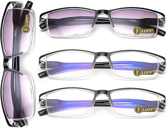 LUFF Reading Glasses 4 Packs Spring Hinges Readers | Anti Blue Light & UV Rays | Classic Black Eyeglasses for Men Women | Comfortable Vision for Indoor & Outdoor Use