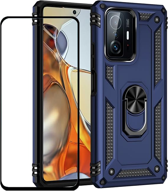 Xiaomi 11T / Mi 11t Pro Case with Screen Protector, Slim Fit Military Protection Shockproof Armor Defender Protective Back Cover Phone Case for Xiaomi 11T Pro/Mi 11T Blue with Ring Kickstand
