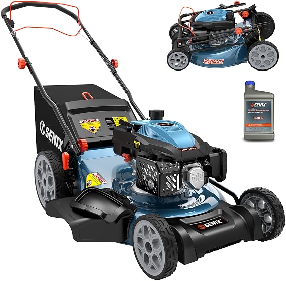 SENIX 201cc 22" 3-in-1 Gas Lawn Mower, Single Speed Rear Wheel Self-Propelled Mower, Mulching, Bagging, Discharging, 6 Cutting Height Adjustable, for Garden Yard