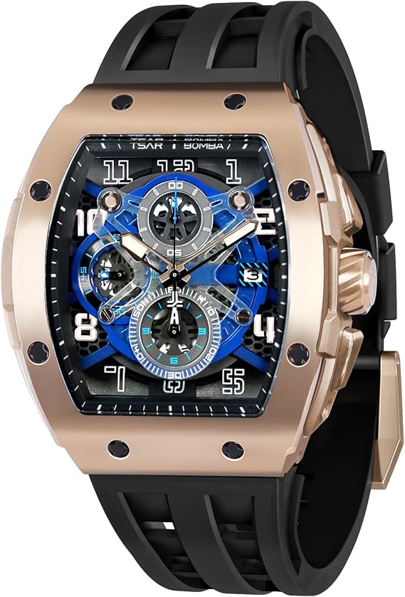TSAR BOMBA Men's Watch Tonneau Design 50M Waterproof Chronograph Luxury Watches for Men with 316 Stainless Steel Case Square Sport Military Work Wristwatch with 22mm Watch Strap Stylish Men's Gift