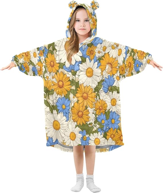 Summer Flowers Wearable Blanket Hoodie for Kids, Warm Cozy Sherpa Blanket Sweatshirt With Pocket