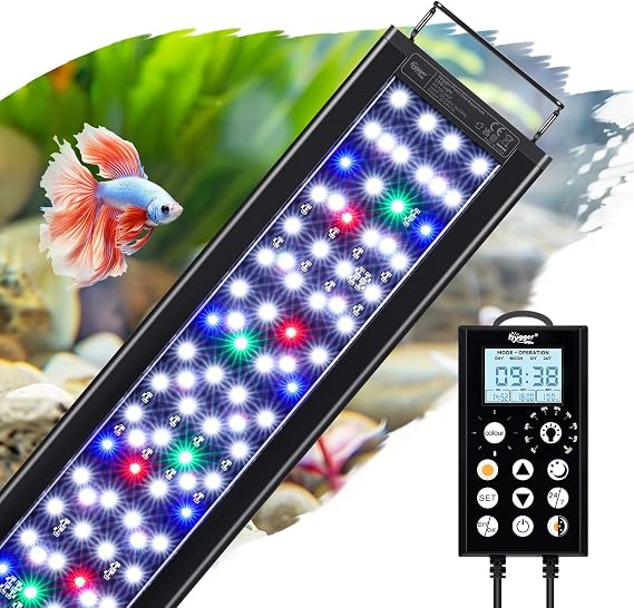 hygger Aquarium LED Light, Full Spectrum Fish Tank Light,Aquarium Plant Lights with Controller & Timer, 5 Modes, 8 Colors, Adjustable 10 Brightness, Extendable Brackets, 24W, 45-60CM [Energy Class F]