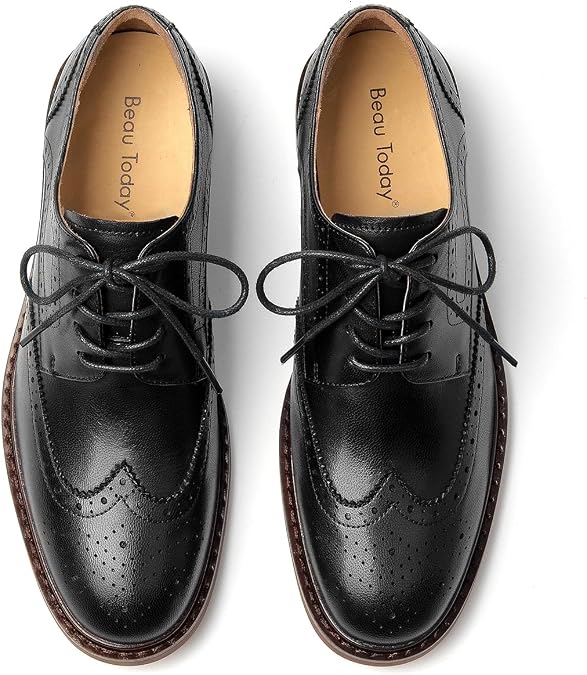 BEAU TODAY Oxford Shoes for Women,Leather Brogue Dress Shoes,Comfort Brethable Ladies Lace-up Handmade Wingtip Shoes for Business Work