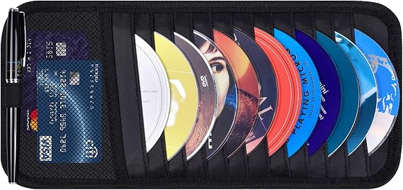 CD Visor Holder for Car, 12 DVD Sleeves Organizer Disc Storage Case, Black | Wisdompro Vehicle Sunvisor Pouch with 1 Mesh Pocket, 1 Small Pen Holder and Elastic Strap for Auto, Truck Sun Visor