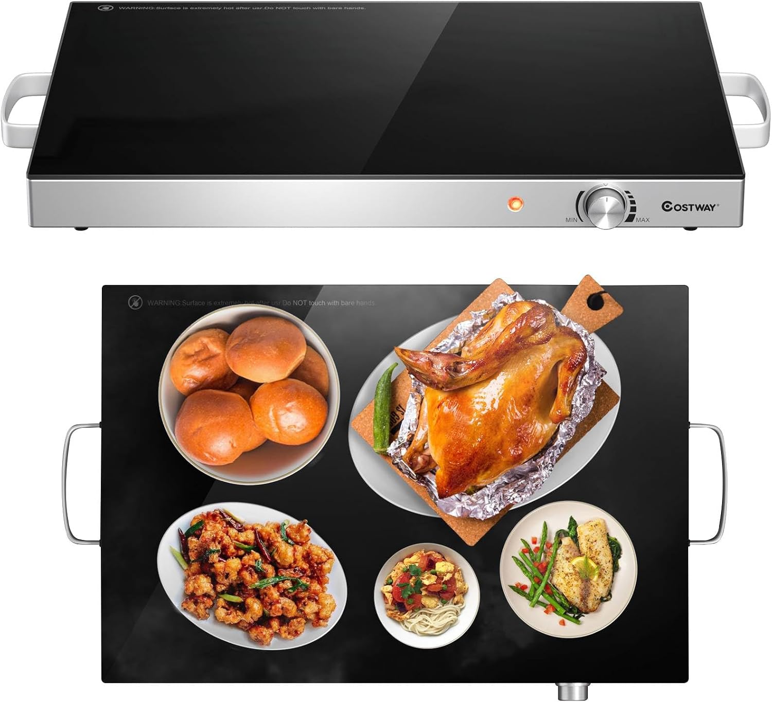 COSTWAY Large Food Warming Tray, Adjustable Temperature Electric Buffet Server Food Warmer with Cool-Touch Handle & Non-Slip Feet, Stainless Steel Dish Hot Plate for Table Countertop 64x38x6.5cm