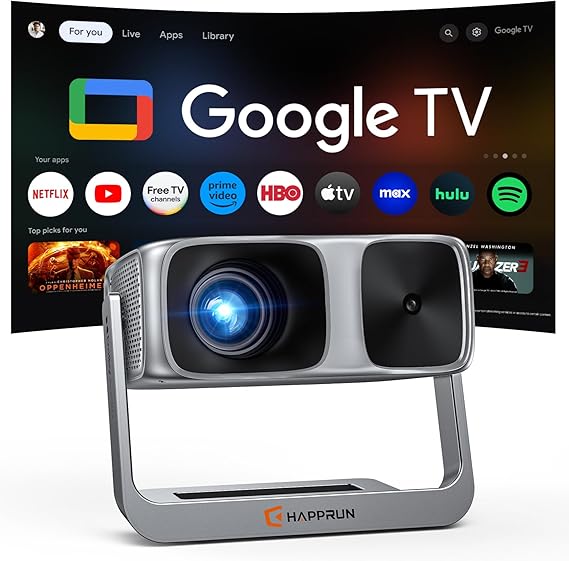HAPPRUN 2000 ANSI Outdoor Projector with Official Google TV, 4K Decoding | Dolby Audio, 10K+ Apps, AI Auto Focus, 270 Stand,Smart Projector with WiFi and Bluetooth, Movie Projector for Indoor/Outdoor