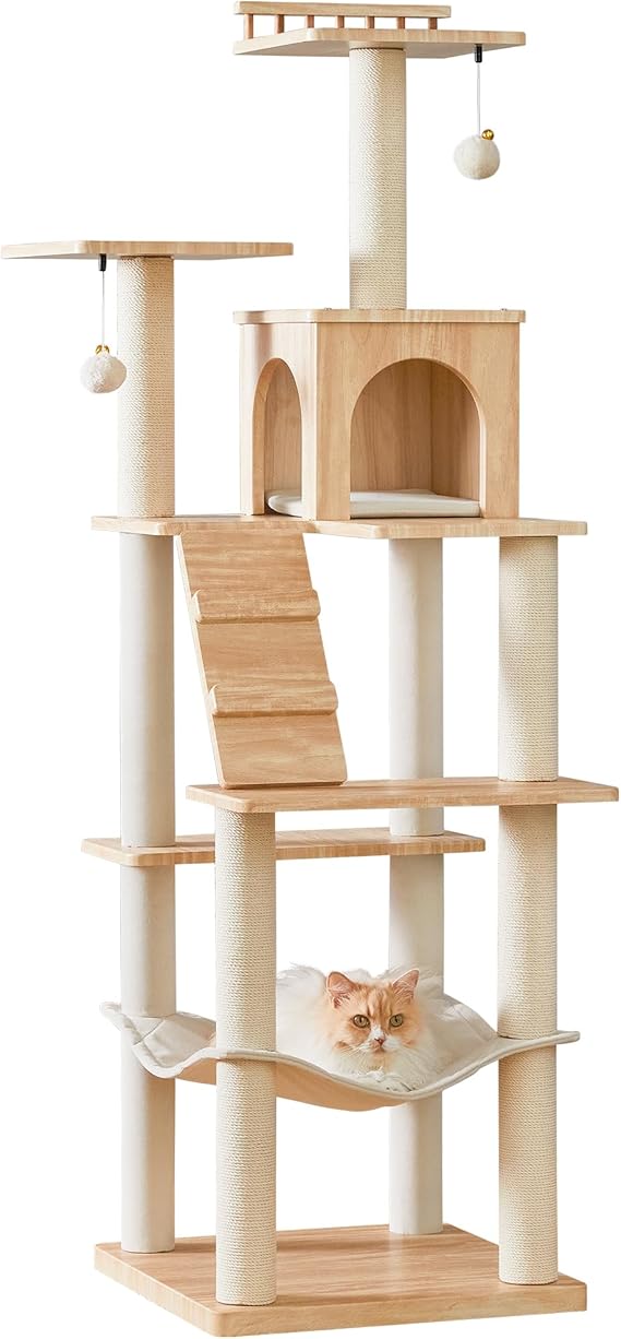 Modern Cat Tree - 163 cm Cat Tower for Indoor Cats, Multi-Level Cat Condo with 7 Fully Wrapped Scratching Posts, 2 Perches, Hammock, Removable Pad & Dangling Balls-Light Brown