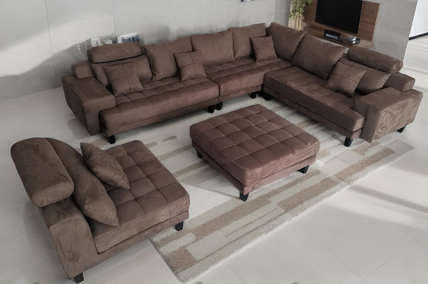 Stendmar L Shape U Shape Reversible Modern Microfiber Fabric Sectional Couch Sofa Set S150DBR Brown, Extra Large