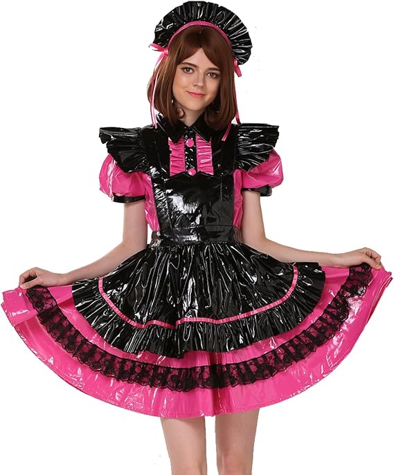 Women French Maid Multicolor Pink Black PVC Lockable Dress Crossdress