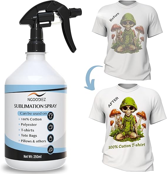 NGOODIEZ Sublimation Spray for Cotton T-Shirts & Polyester | Complete Kit with Pro Guide | Sublimation Coating Spray for All Materials | Quick Dry, Anti-Fade, Washable, One Step Application (250ml)