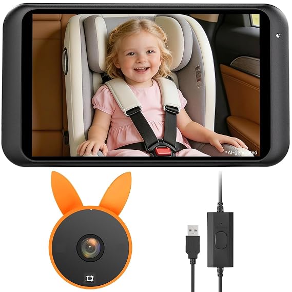 Babyvue Baby Car Camera Backseat Monitor USB Power | HD 1080P Wide Angle Lens, Clear Night Vision, 360 Rotating Rear Facing Car Seat Camera forInfants Toddlers(Orange)