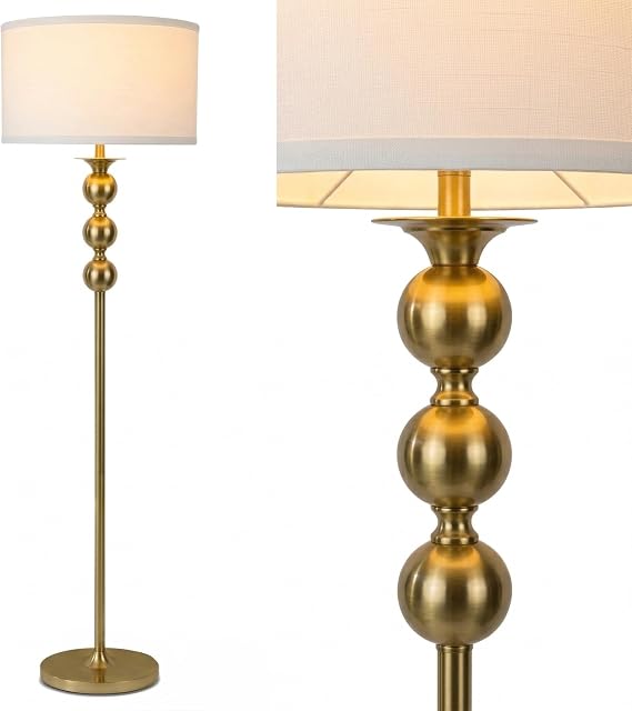 Brightech Riley 60" Floor Lamp, Elegant Modern Standing Lamp with Drum Shade, Boho Chic Mid-Century Living Room Decor, Classy, Traditional Art Deco Corner Floor Lamp for Bedroom, Office - Gold/Brass