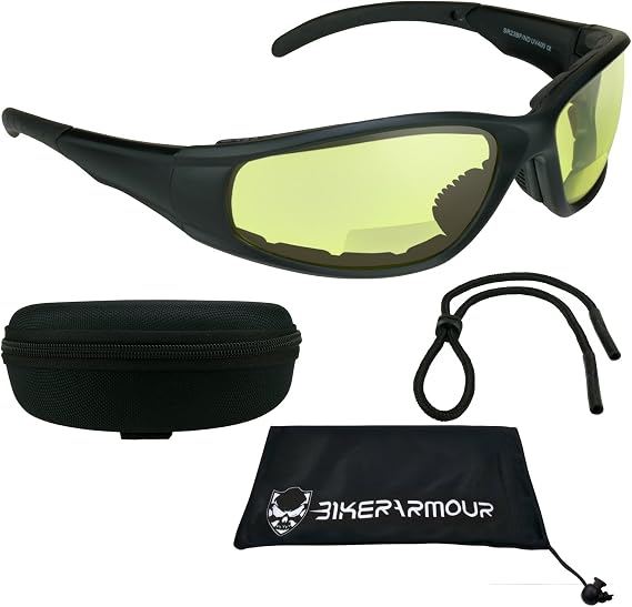 Bikershades Motorcycle Bifocal Sunglass Readers Foam Padded Z87 Safety Lenses with Zipper Hard Case and Sunglass String