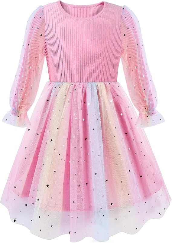 LiuSuper Girls Sequin Tulle Dress Long Sleeve Princess Party Gown Birthday Wedding 2-7 Years