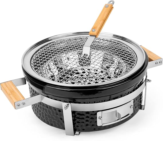 ONLYFIRE GRILLS 14Ceramic Hibachi Charcoal Grill with Grid Lifter, GS305 | Portable Yakitori Grill with Stainless Steel Grate, Japanese Barbecue Stove for Outdoor Camping Picnic Patio Backyard Cooking