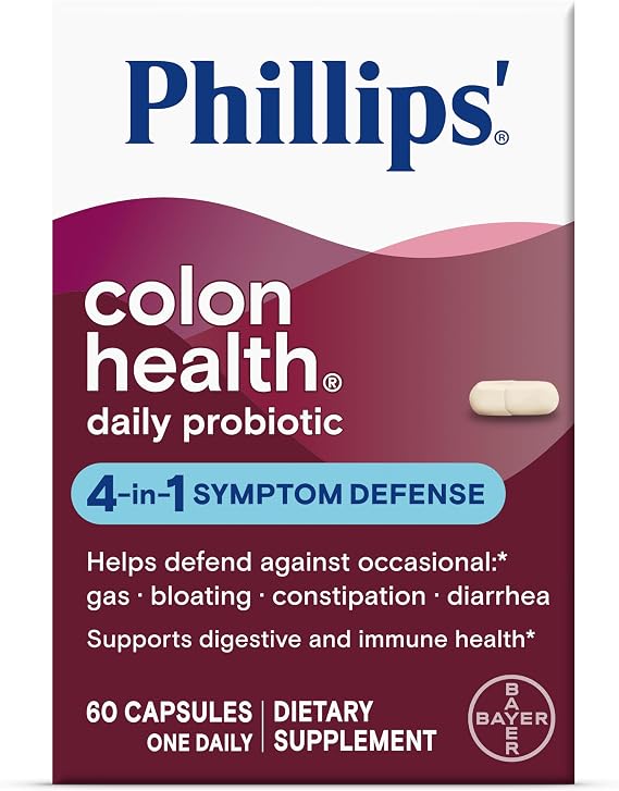Phillips' Colon Health Daily Probiotic Capsules, 4-in-1 Symptom Defense to help defend against Occasional Gas, Bloating, Constipation, and Diarrhea, Daily Supplement, 60 Count