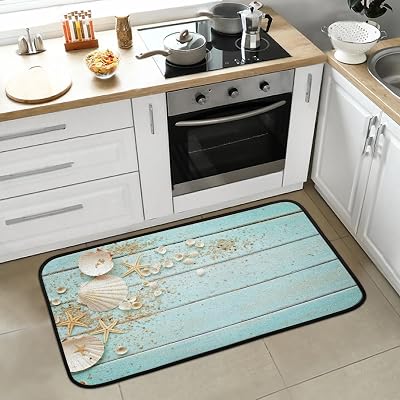 Kitchen Rug Teal Wood Starfish Non-Slip Washable Mats Anti Fatigue Soft Absorbent Carpet Welcome Mat for Kitchen,Indoor,Entryway, Sink,Laundry Home Decor