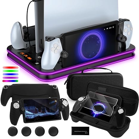 All-in-1 Accessories Bundle for Playstation Portal, PS5 Cooling Station / Charger Dock with RGB, Carrying Case for PS Portal, Silicone Protective Cover, HD Screen Protector, 4 Thumb Grips for Ps5 Portal - Black