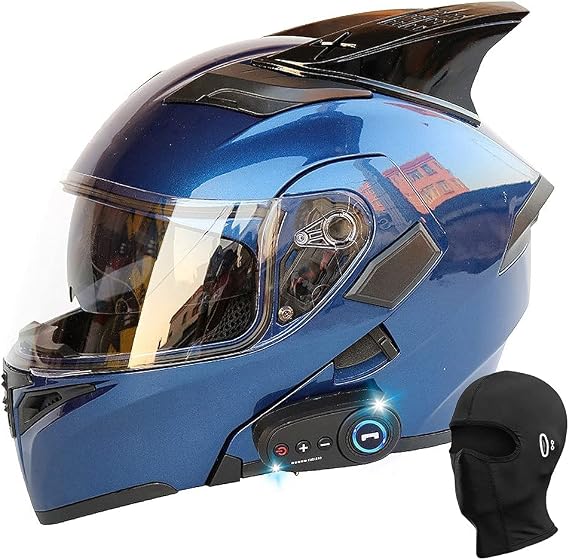 Bluetooth Modular Helmet with Horns Full Face Motorcycle Flip Up Dual Visors Anti Fog Sun Shield DOT/ECE Approved Crash Helmets Automatic Answer Men and Women Helmet Free Hood