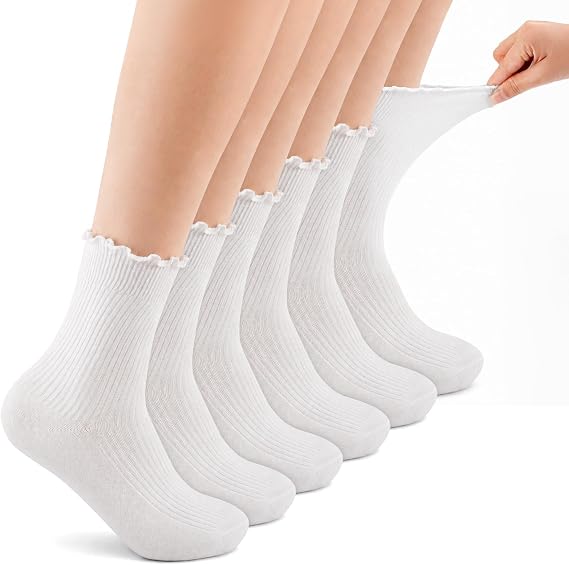 Maxmoc 6 Pairs Frilly Socks,White/Black Cotton Soft Ruffle Ankle Socks Women, Casual Cute Breathable Womens Frilly Ankle Sock
