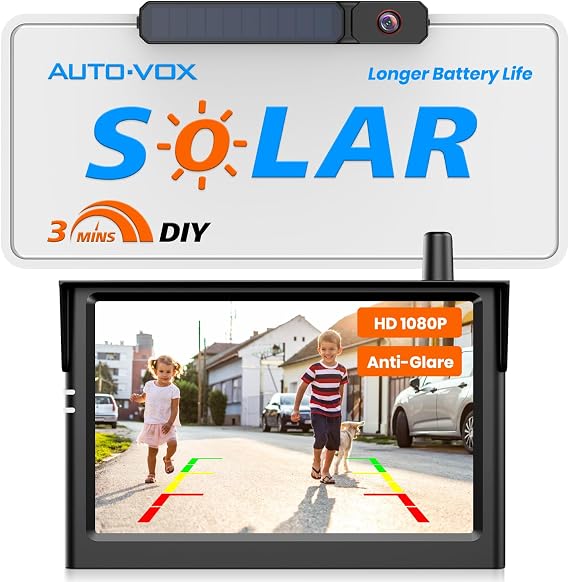 AUTO-VOX Solar Wireless Backup Camera:3 Mins DIY Installation & Upgraded 5" HD 1080P Anti-Glare Monitor, Reliable Signal for a Clear View, IP69K Waterproof Back up Camera for Car, Van, SUV, Truck