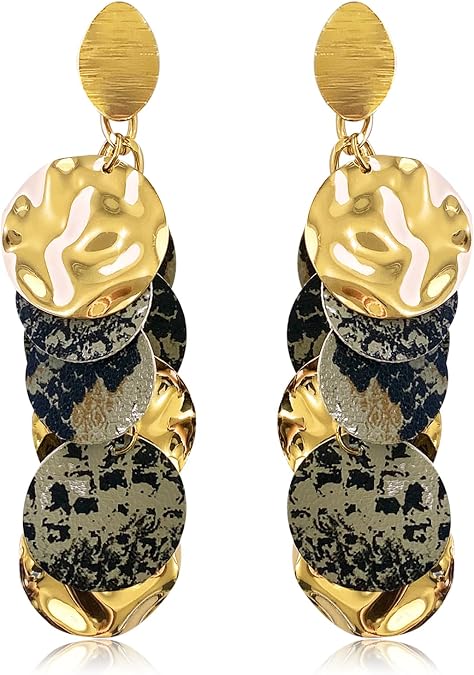 Bohemian Long Gold Round Disc Leather Fringe Dangle Drop Earrings Handmade Leopard Flower Tassel Stud Earrings for Women